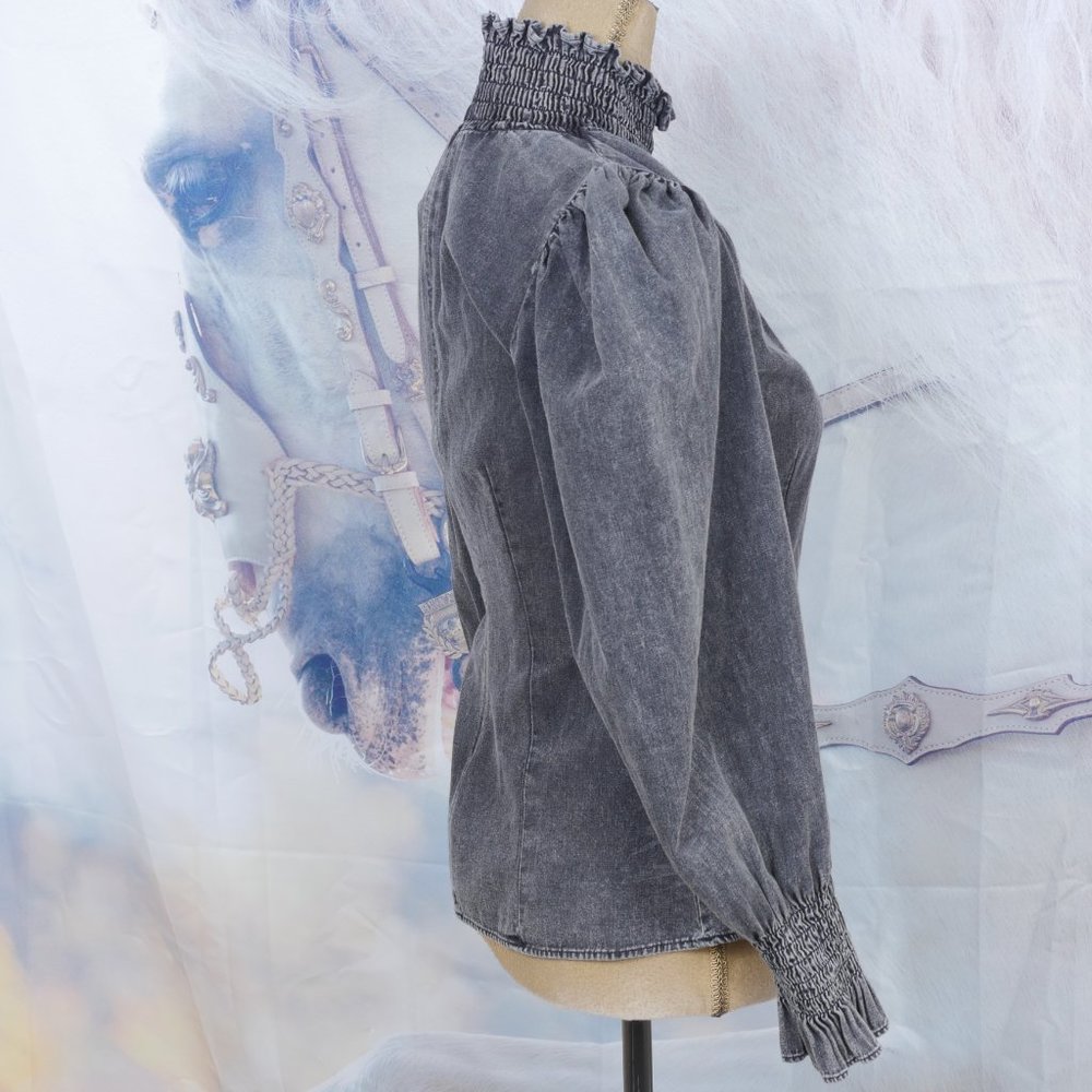 Zara "The 80's Collection" Black Acid Washed High Neck Puff Long Sleeve S XS Top - Picture 8 of 10